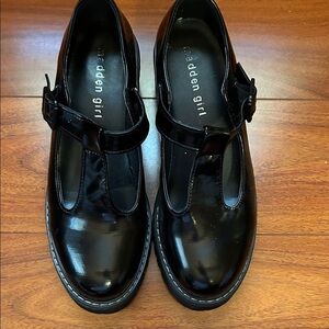 Madden Girl Shiny Black Platform T-Strap Shoes